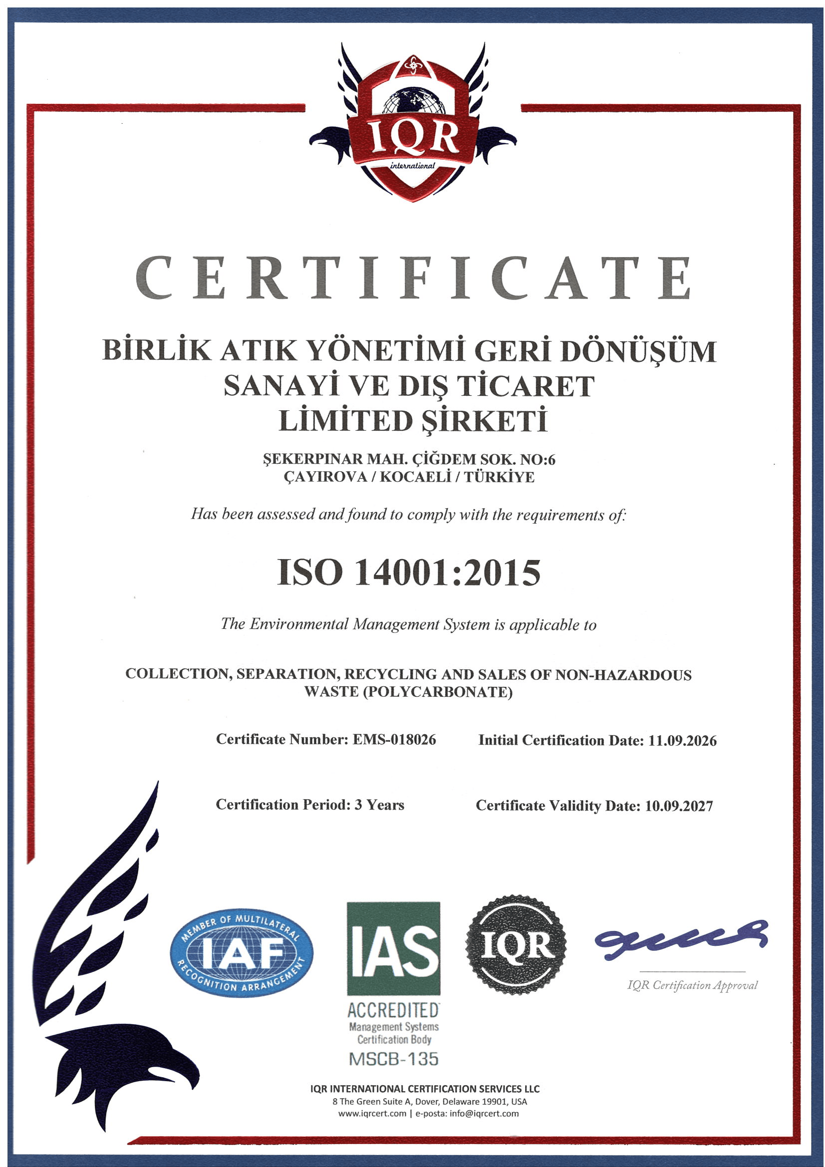 ISO 14001 Environmental Management System certificate